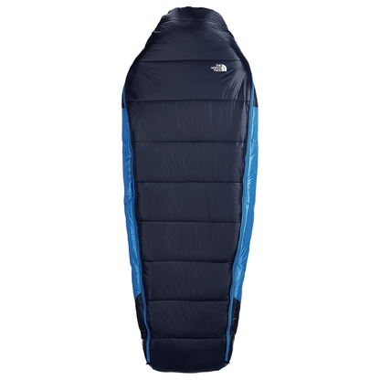 Bottom of the The North Face 'The One' sleeping bag in blue, suitable for 20°F to 40°F, weighs 3-4 lbs and accommodates heights up to 6'8".