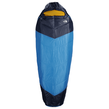 Blue The North Face 'The One' sleeping bag, rated for 20°F to 40°F, weighs up to 4 lbs and fits users up to 6'8".