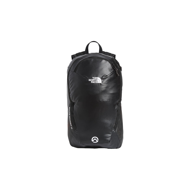 Black North Face Route Rocket 16 Backpack with half-zip main compartment and breathable straps for comfort.