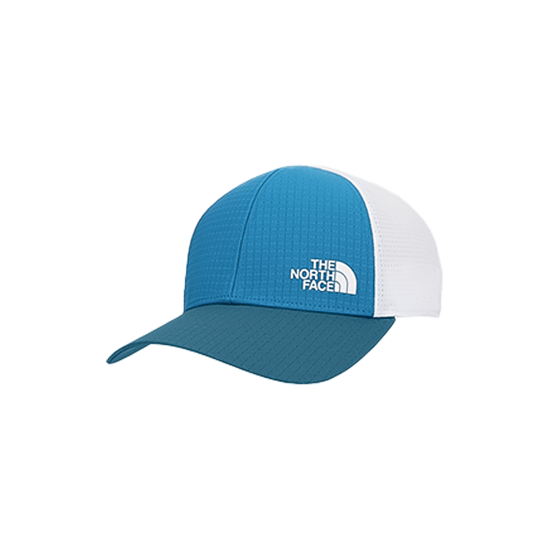 Blue and white North Face Summer LT Trucker Hat, featuring breathable mesh, moisture-wicking, and UPF sun protection.