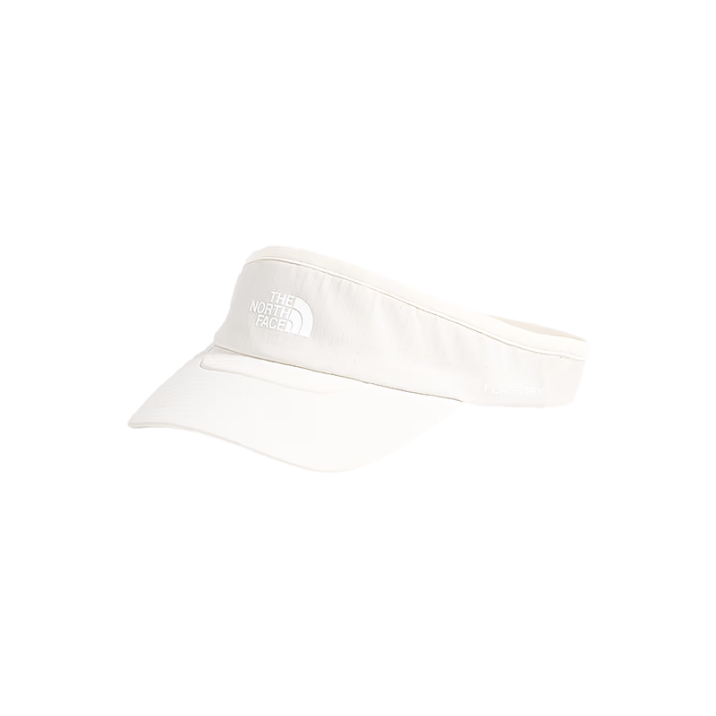 The North Face white visor designed for summer adventures, offering sun protection, moisture-wicking, and adjustable comfort.