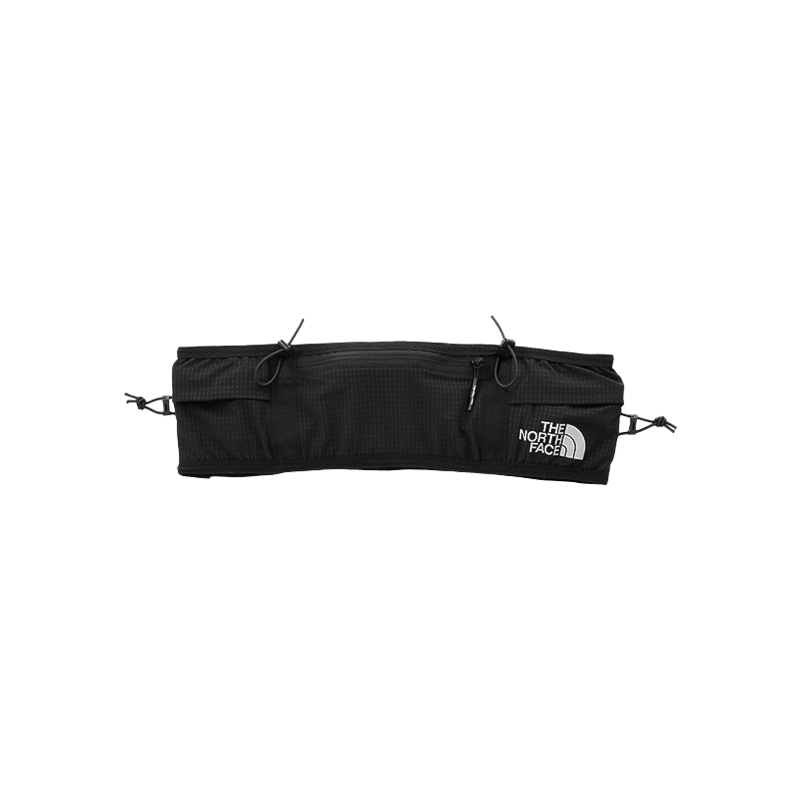 The North Face Summit Run Race Ready Belt in black color, featuring a sleek design with multiple pockets and a water bottle holder.