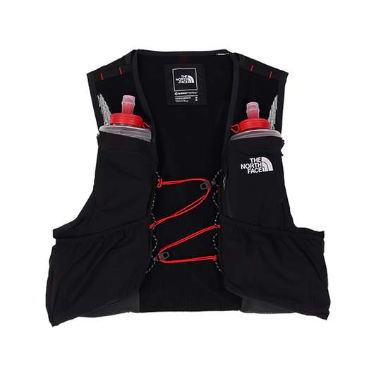 Front of black North Face Summit Series Run Vest 5 with moisture-wicking fabric, pockets, and adjustable fit for trail running.