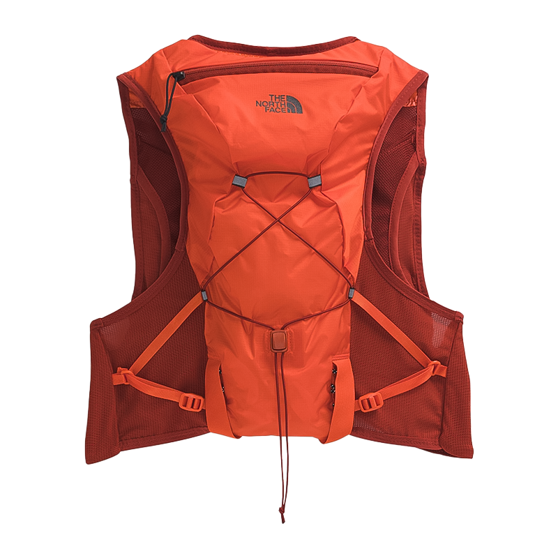 Bright orange and red North Face Sunriser Run Vest 8, featuring a customizable fit and ample storage for hydration and snacks.
