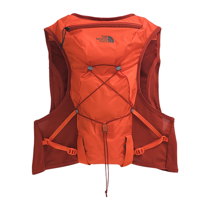 Bright orange and red North Face Sunriser Run Vest 8, featuring a customizable fit and ample storage for hydration and snacks.