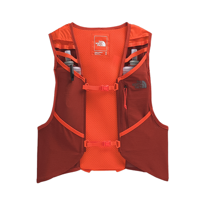 Orange and red North Face Sunriser Run Vest, designed for comfort and storage during long runs and hikes.