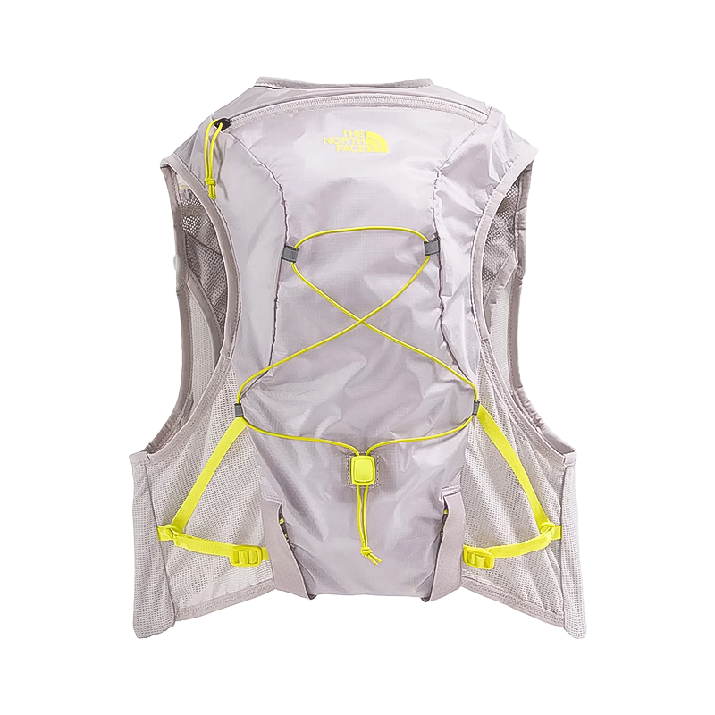 The North Face women's ultralight vest in gray and neon green for comfort, with storage, hydration options, and reflective details.