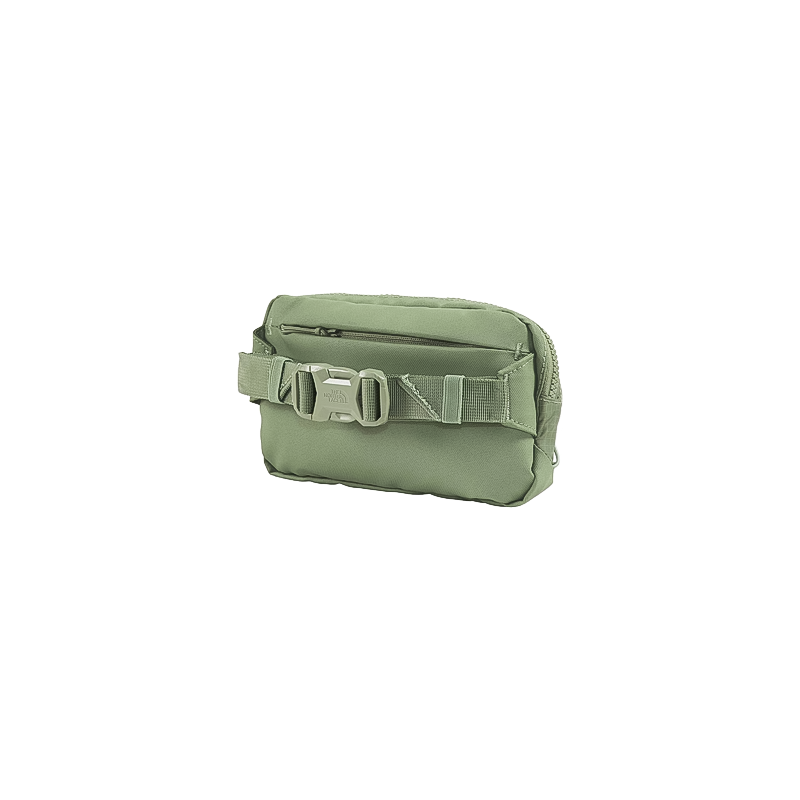 Green North Face Terra Lumbar 1L waist bag with zippered pockets and adjustable strap for daily use.