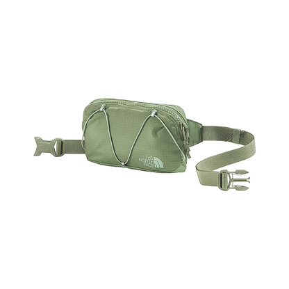 Green 1L North Face Terra Lumbar waist bag with zippered compartments and adjustable strap for hiking.