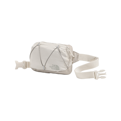 Beige 1L North Face Terra Lumbar waist bag with zippered compartments and adjustable strap.