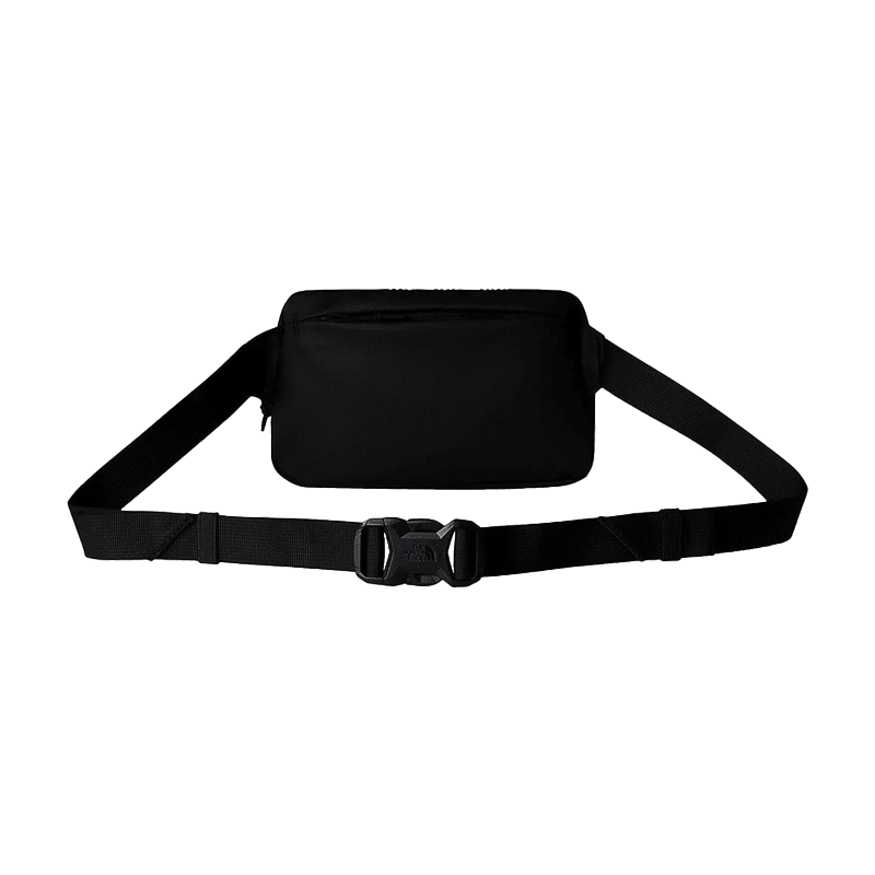 Black North Face Terra Lumbar 1L waist bag featuring zippered pockets, adjustable strap, and reflective webbing.