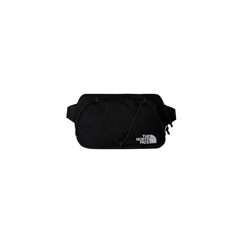 Black North Face Terra Lumbar 1L waist bag with zippered compartments and adjustable strap for hiking.