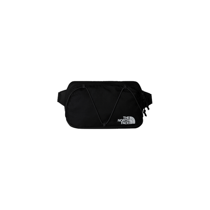 Black North Face Terra Lumbar 1L waist bag with zippered compartments and adjustable strap for hiking.