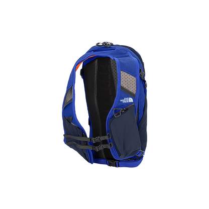North Face Trail Lite 12 Backpack in blue, navy, and orange, designed for day hikes with breathable back and quick-access pockets.