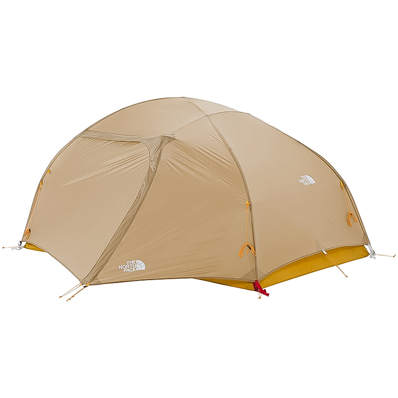 Tan and yellow North Face tent displayed, ideal for backpacking or car camping, accommodating 2 people comfortably.