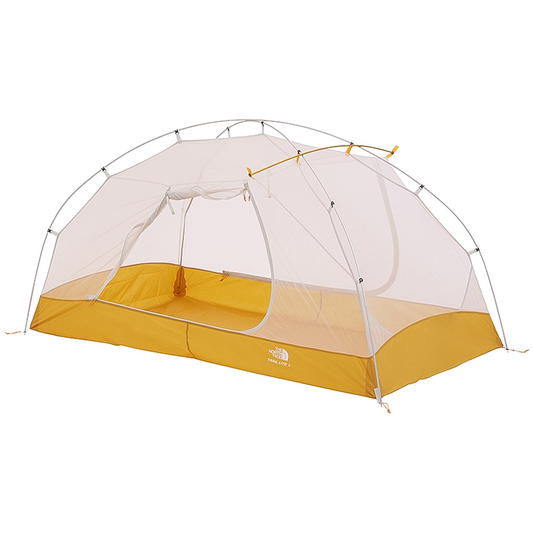 North Face tent with a yellow fly, designed for 2 people, ideal for backpacking or car camping trips.