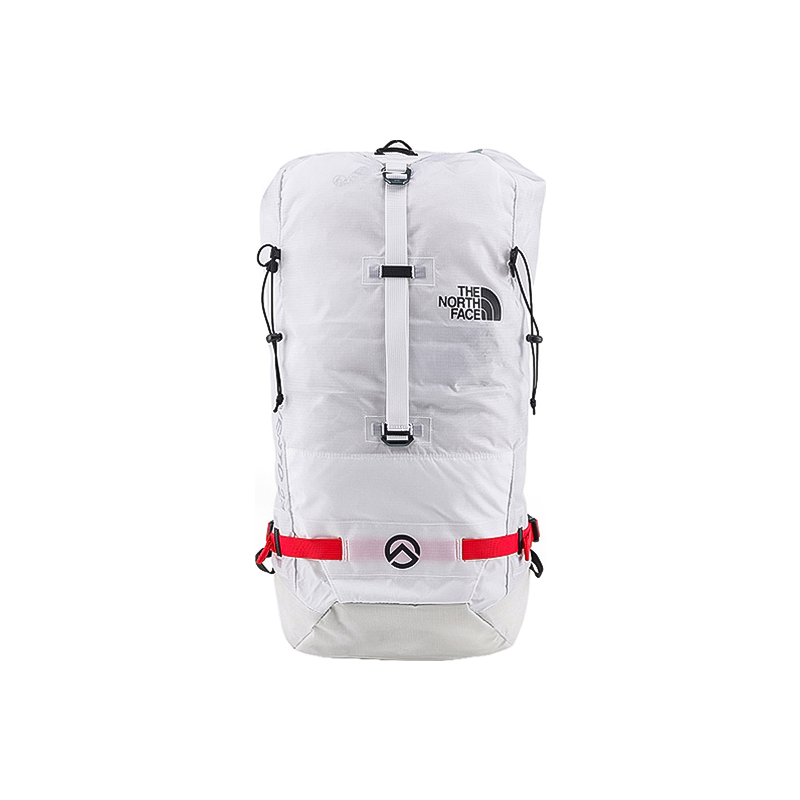 White North Face Verto 27 backpack with red straps, designed for alpine climbing, featuring durable, water-repellent nylon and semi-transparency.