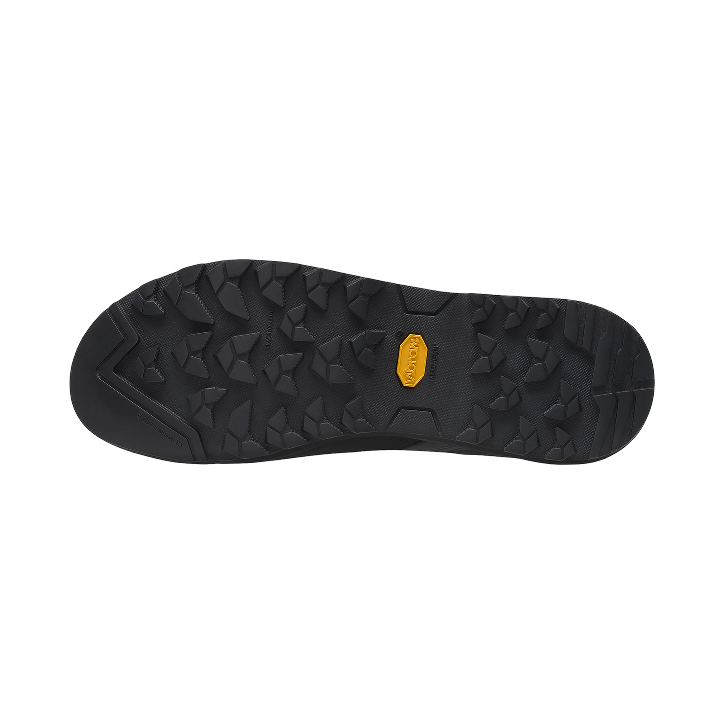 Close-up of the black sole of The North Face Verto Approach Shoe, featuring Vibram Megagrip outsole for climbing and hiking.