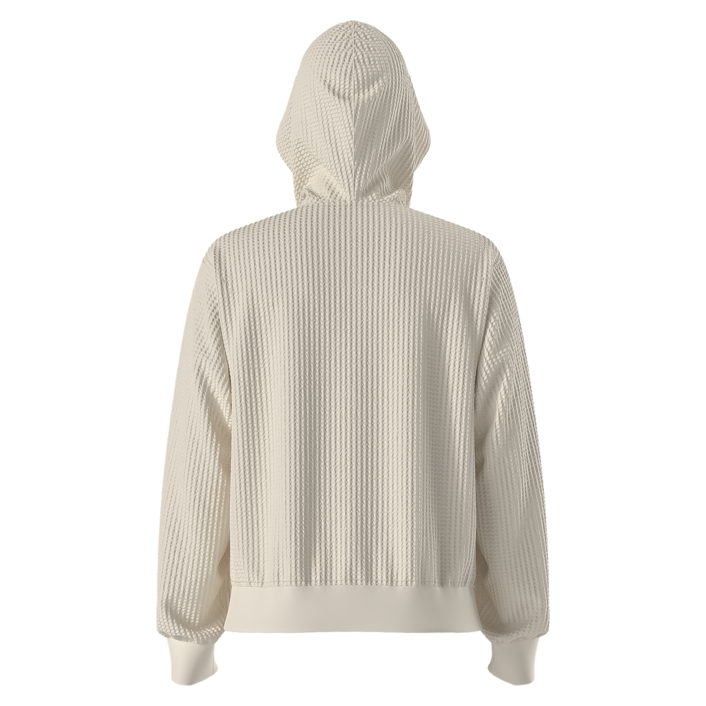 Relaxed-fit cream hoodie for women, showcasing a two-piece hood and ribbed cuffs, ideal for casual and sustainable wear.