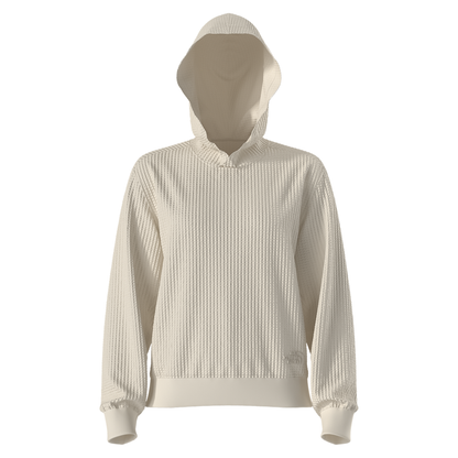 Cream women's hoodie with a hood, featuring a relaxed fit and ribbed cuffs, designed for comfort and sustainability.