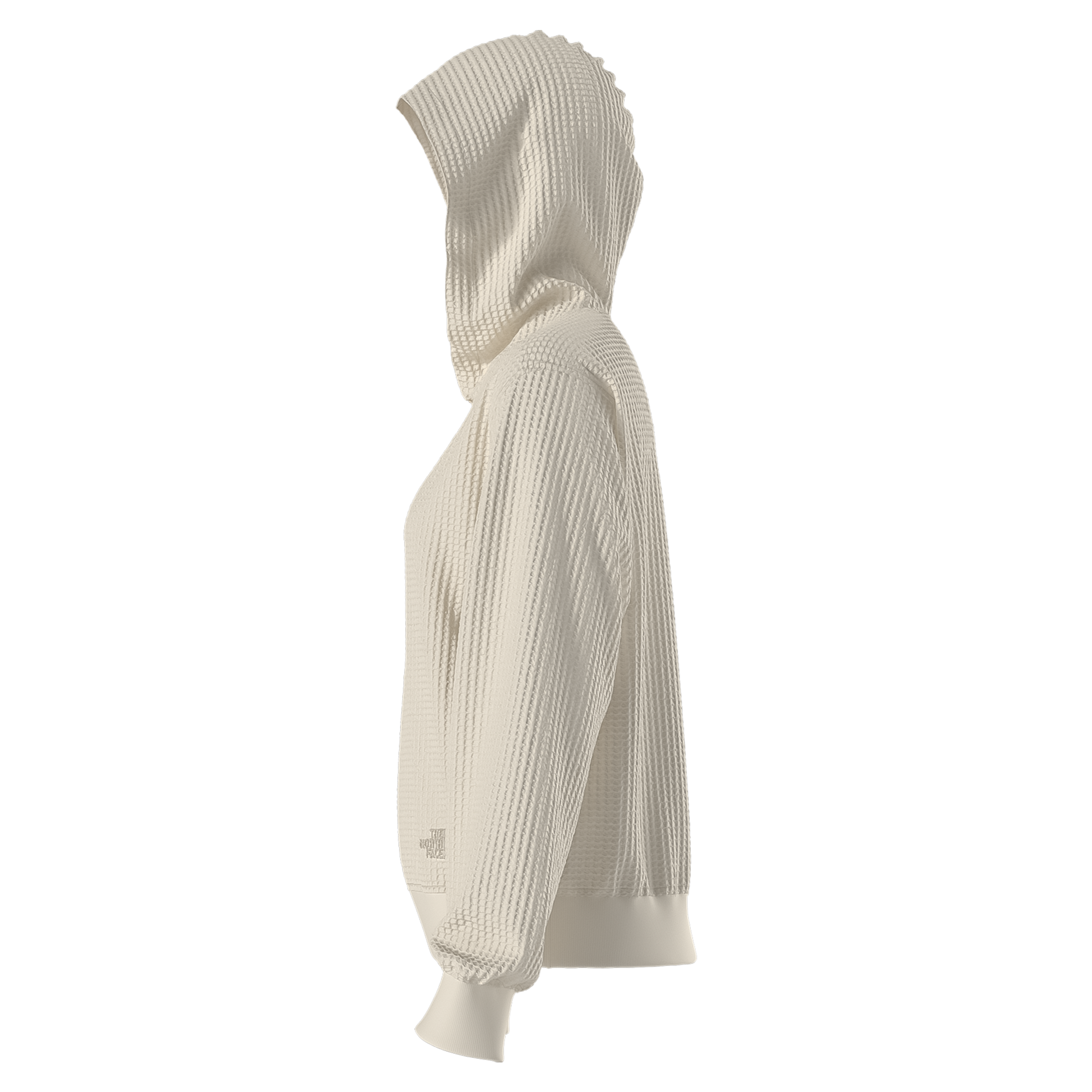Women's cream hoodie with a structured hood, relaxed fit, and ribbed details, emphasizing comfort and eco-friendly design.