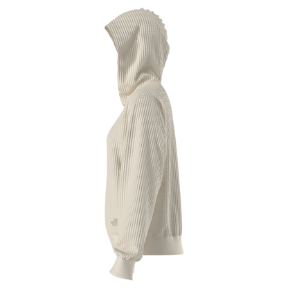 Women's cream hoodie with a structured hood, relaxed fit, and ribbed details, emphasizing comfort and eco-friendly design.
