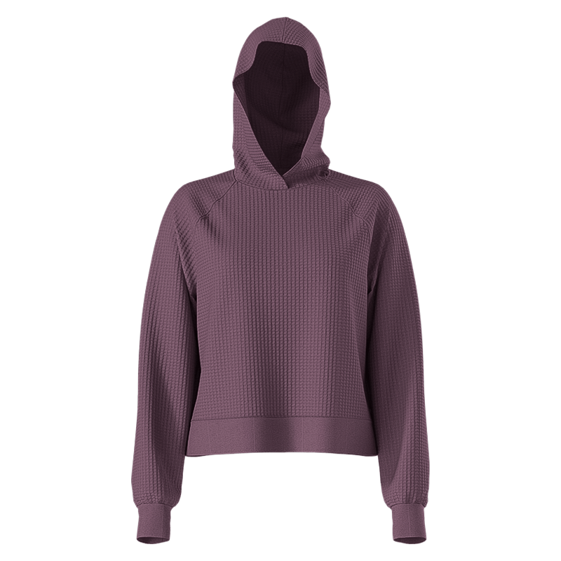 Purple hoodie with a hood, featuring a relaxed fit and The North Face logo, perfect for comfort and style during outdoor activities.