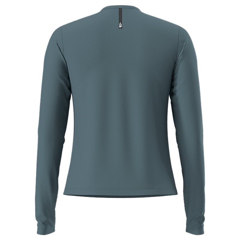 Blue eco-friendly women's long sleeve top in breathable fabric with moisture-wicking and anti-odor features.