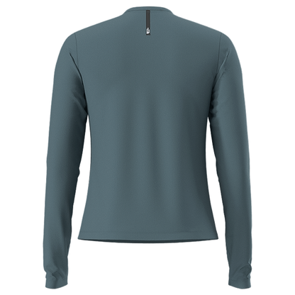 Blue eco-friendly women's long sleeve top in breathable fabric with moisture-wicking and anti-odor features.