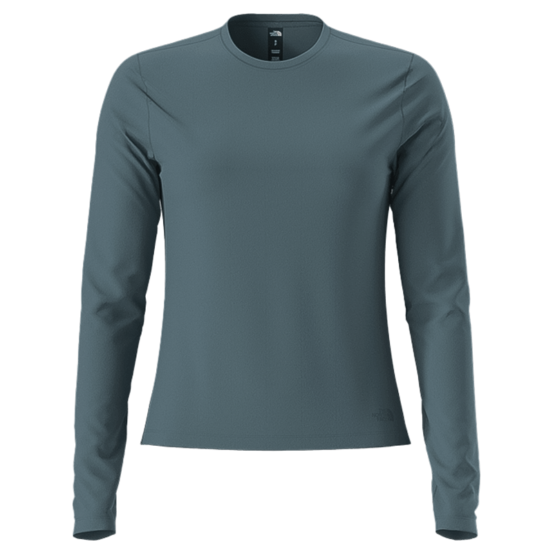 Blue women's lightweight long sleeve top made from 91% recycled polyester with moisture-wicking technology.  