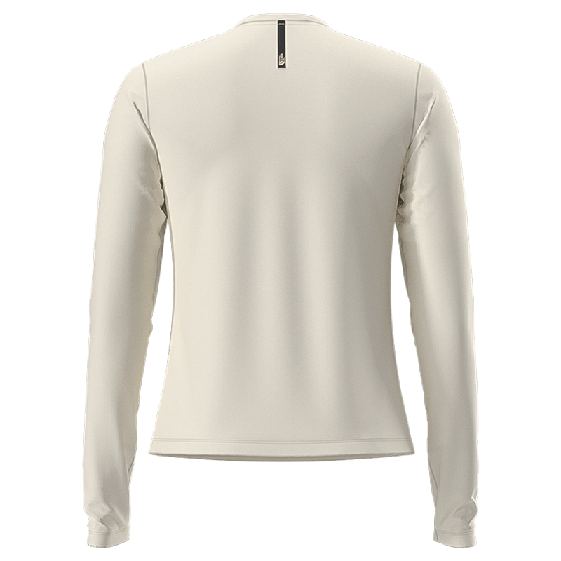 The North Face women's beige long sleeve top, eco-friendly with moisture management in a fitted silhouette.