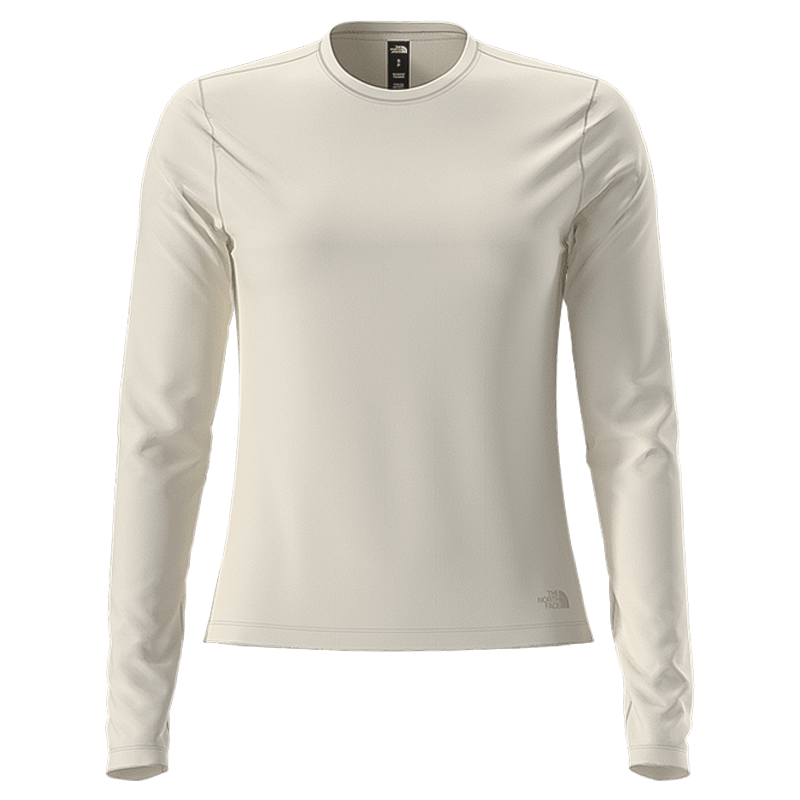 Beige long sleeve tee by The North Face for women, made from 91% recycled polyester with moisture-wicking and anti-odor features.