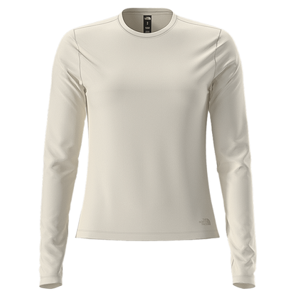 Beige long sleeve tee by The North Face for women, made from 91% recycled polyester with moisture-wicking and anti-odor features.