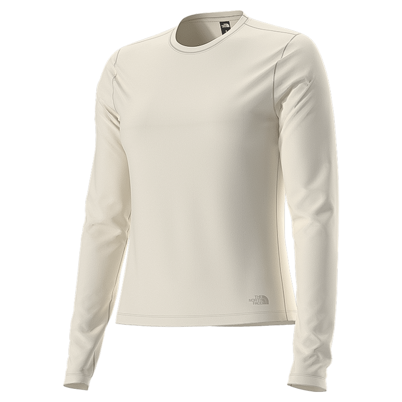 The North Face women's beige long sleeve tee, crafted from recycled polyester for moisture control and a fitted design.