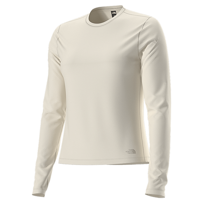 The North Face women's beige long sleeve tee, crafted from recycled polyester for moisture control and a fitted design.