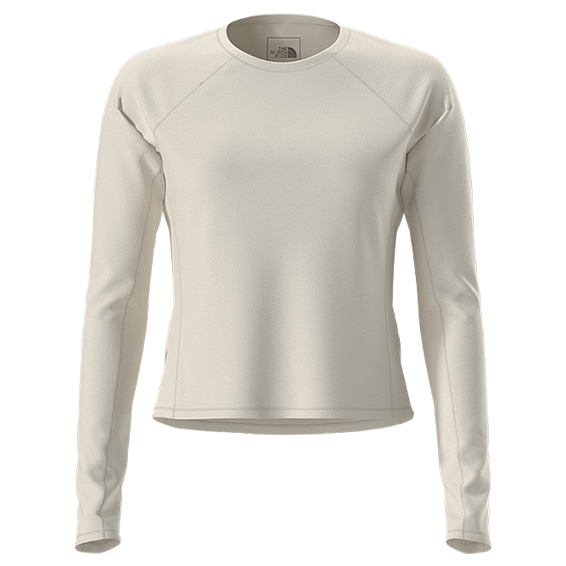 Beige long sleeve top for women by The North Face, designed for hiking and workouts with moisture-wicking and sun protection features.