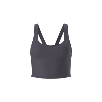 Charcoal women's sports bra with a longline silhouette, removable pads, and moisture-wicking, anti-odor fabric for active wear.