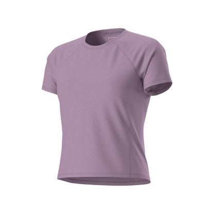 The North Face women's Jaida tee in color lavender, highlighting the soft texture and eco-friendly materials used in its design.