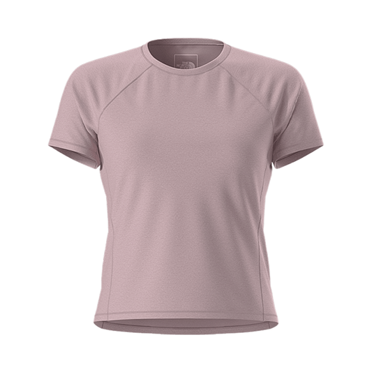Pink short-sleeve women's tee by The North Face, made with moisture-wicking fabric for comfort during workouts and casual wear.