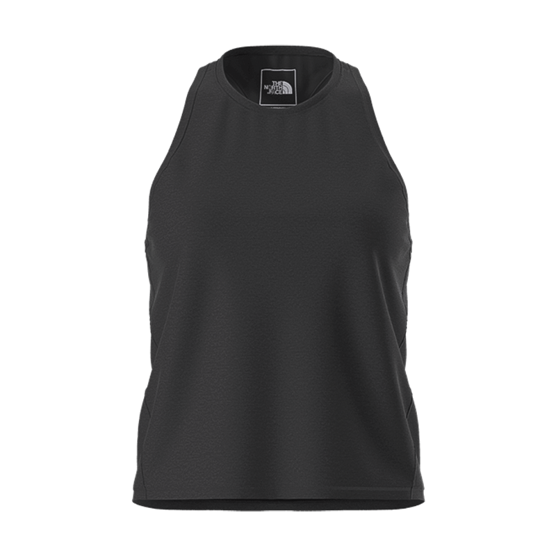 Black North Face women's tank top, racerback design, made with moisture-wicking, anti-odor, and UPF 40+ fabric for outdoor activities.