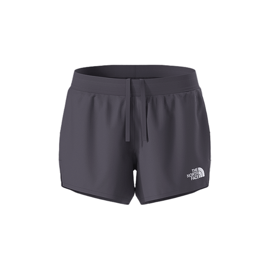 Dark grey North Face women's shorts designed for trail running, featuring moisture-wicking fabric and a secure zip pocket.