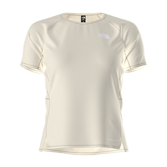Beige North Face women's short sleeve tee for comfort and sun protection outdoors.  