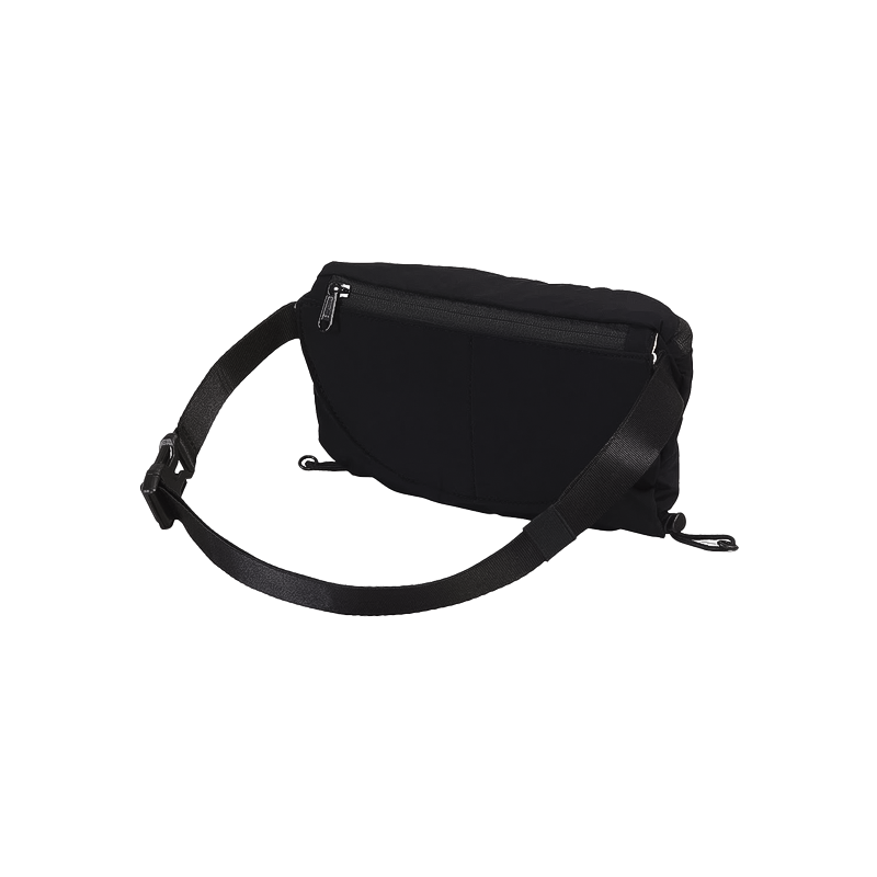 Lightweight black The North Face waist bag with front zipper, crafted from recycled nylon for explorers.
