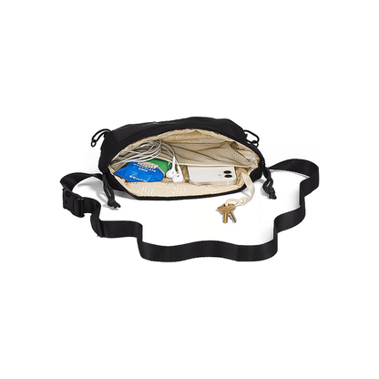 Compact black North Face waist bag with front zipper, made from sustainable materials for essentials.