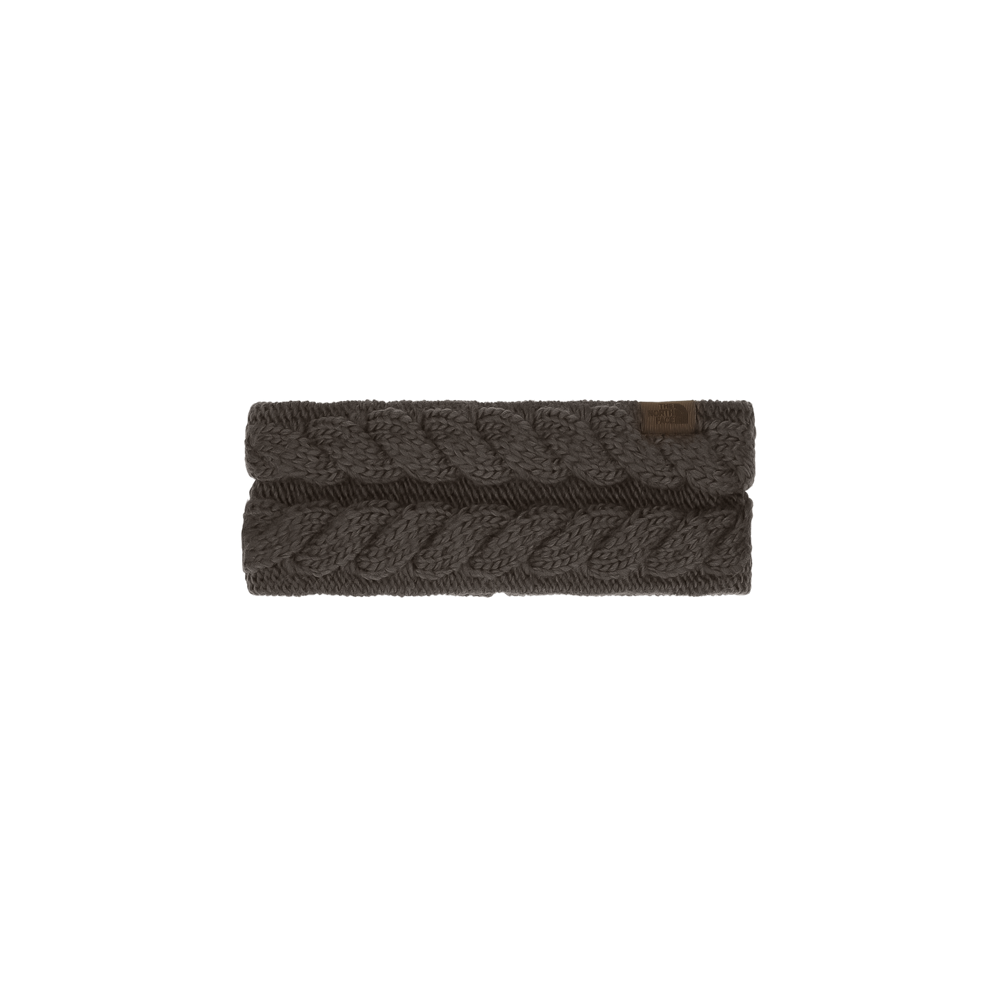 Brown headband with textured cable knit pattern on a white background, designed for warmth and made from recycled materials.