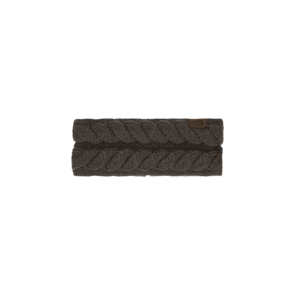 Brown headband with textured cable knit pattern on a white background, designed for warmth and made from recycled materials.