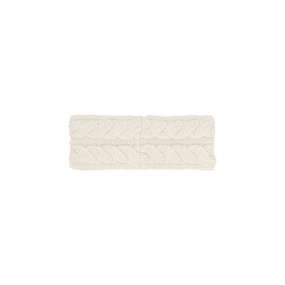 Cozy white headband featuring textured cable knit design, crafted from recycled materials for sustainable cold-weather wear.