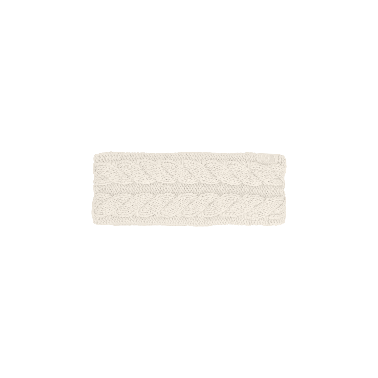 White cable knit headband with a soft fleece lining, designed for warmth and made from 100% recycled polyester.