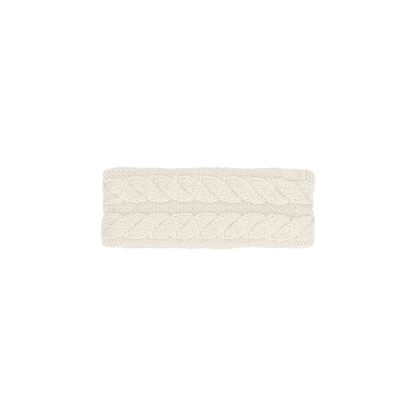 White cable knit headband with a soft fleece lining, designed for warmth and made from 100% recycled polyester.