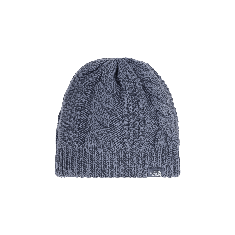 Gray The North Face women's cable knit beanie with Sherpa lining for warmth and style in winter.